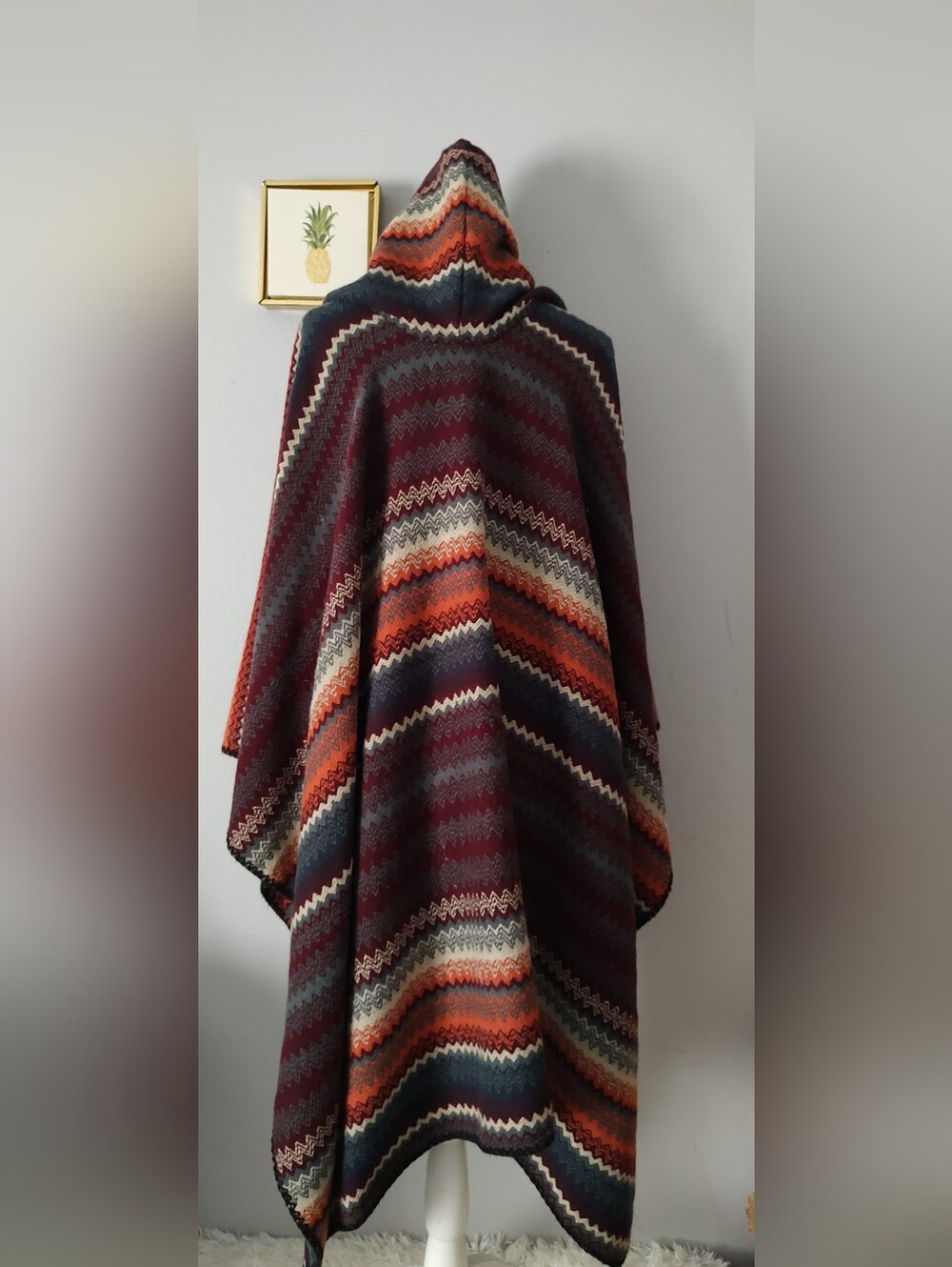 Hooded Chevron Knit Poncho in Burgundy & Rust - Picture 7 of 11